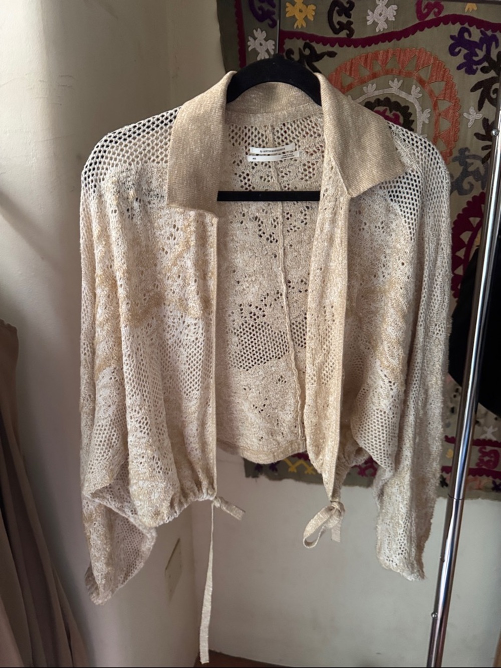 Anthropologie Openwork Knit Bomber Jacket in Beige Cream